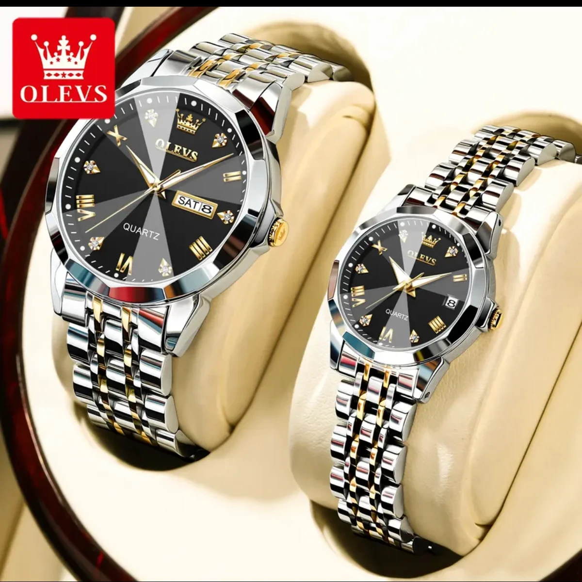 COMBO WATCH 2PS OLEVS MODEL 9931 TOTON DIAL BLACK MAN 1PS + WOMEN 1PS - 2 পিস ব্যাটারি ফ্রি।