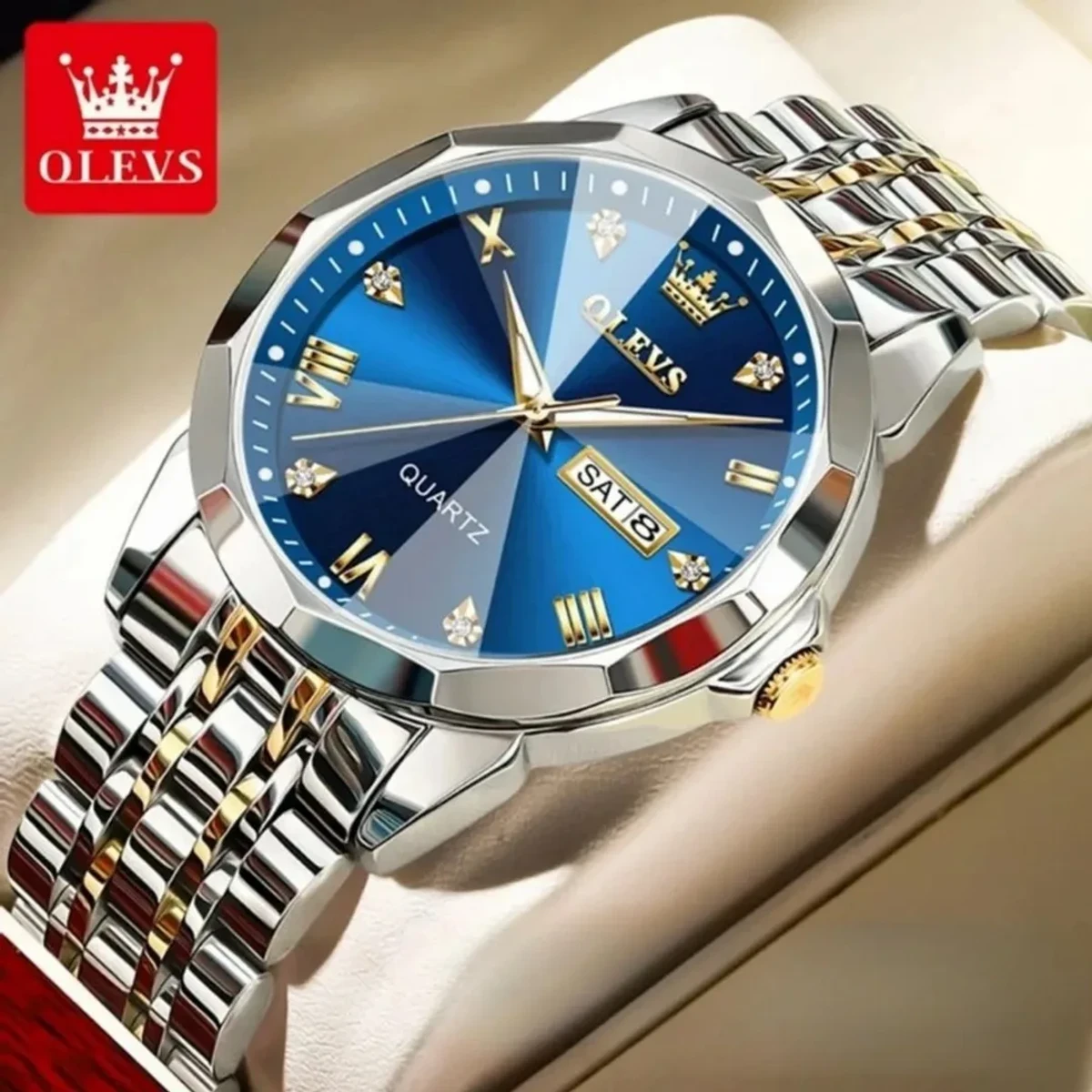 COMBO WATCH 2PS OLEVS MODEL 9931 TOTON DIAL BLUE MAN 1PS + WOMEN 1PS - 2  পিস ব্যাটারি ফ্রি।