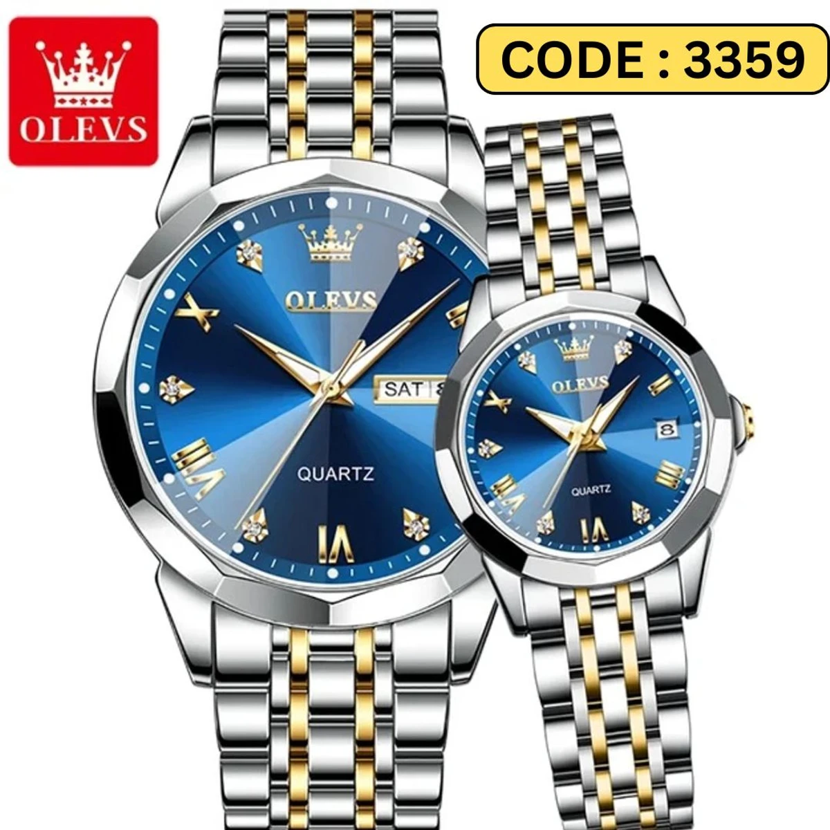 COMBO WATCH 2PS OLEVS MODEL 9931 TOTON DIAL BLUE MAN 1PS + WOMEN 1PS - 2  পিস ব্যাটারি ফ্রি।