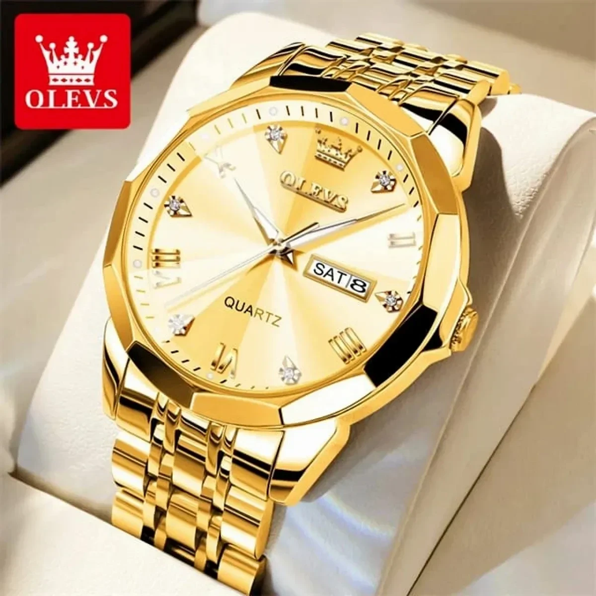 COMBO WATCH 2PS OLEVS MODEL 9931  FULL GOLDEN COLOUR  MAN 1PS WATCH  + WOMEN 1PS WATCH -   এক পিস ব্যাটারি ফ্রি।