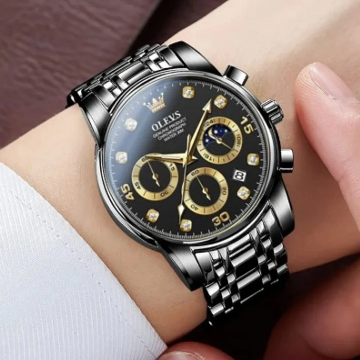 OLEVS MODEL 2889 Watch for Men Stainless Steel Watches - 2889 FULL BLACK COLOUR WATCH MAN + এক পিস ব্যাটারি ফ্রি।