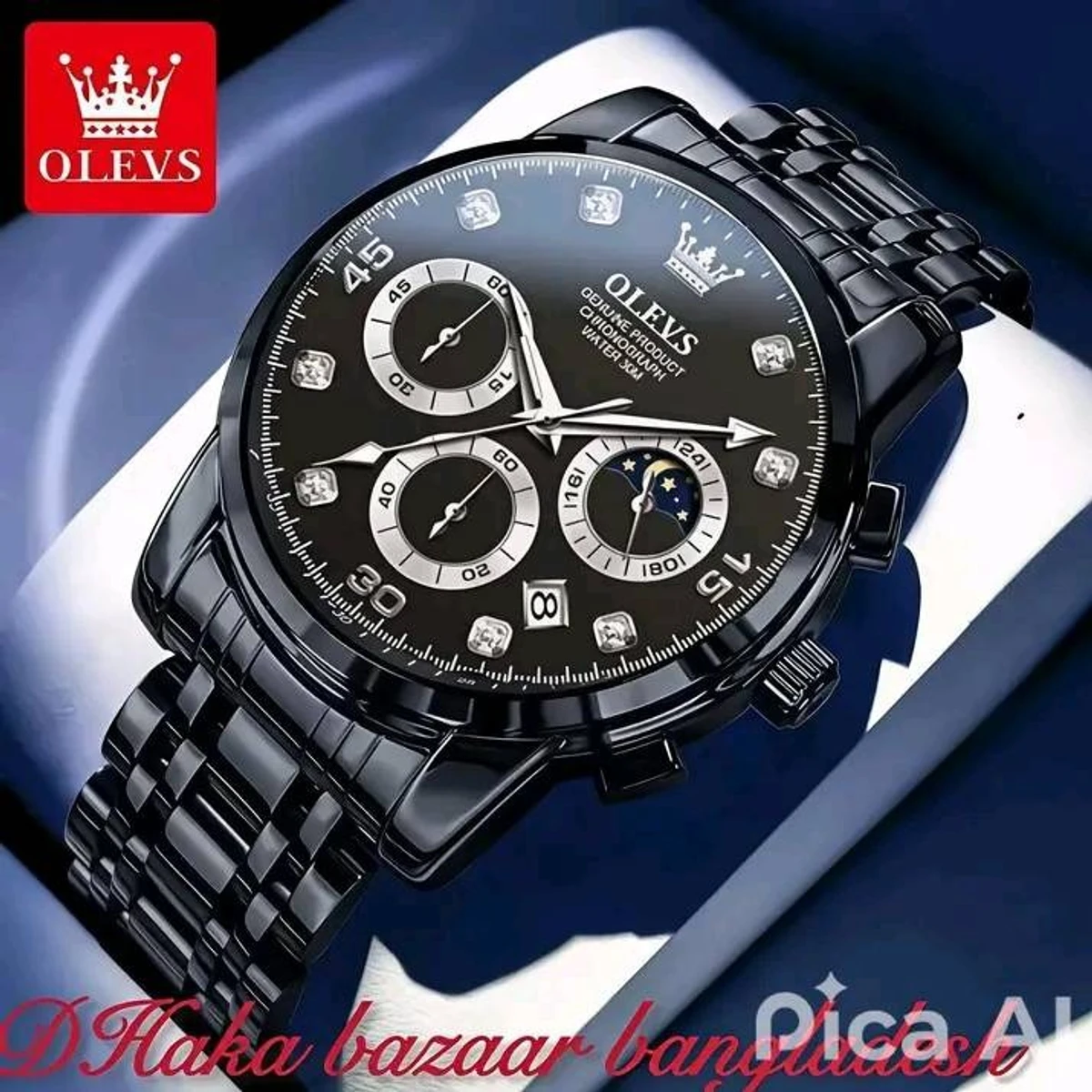 OLEVS MODEL 2889 Watch for Men Stainless Steel Watches - 2889 FULL BLACK COLOUR WATCH MAN + এক পিস ব্যাটারি ফ্রি।