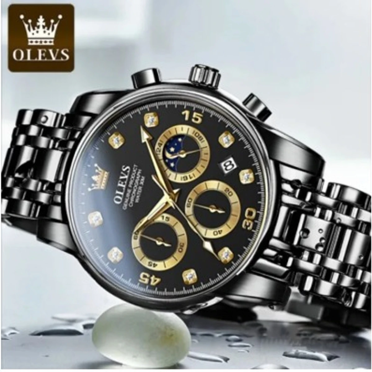OLEVS MODEL 2889 Watch for Men Stainless Steel Watches - 2889 FULL BLACK COLOUR WATCH MAN + এক পিস ব্যাটারি ফ্রি।