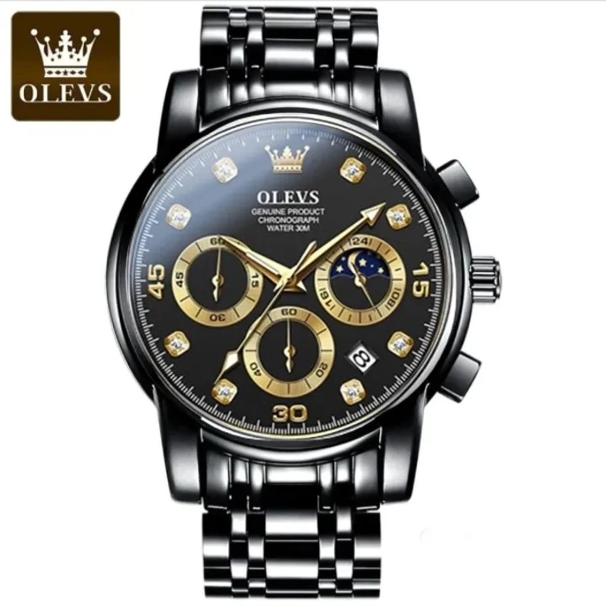 OLEVS MODEL 2889 Watch for Men Stainless Steel Watches - 2889 FULL BLACK COLOUR WATCH MAN + এক পিস ব্যাটারি ফ্রি।