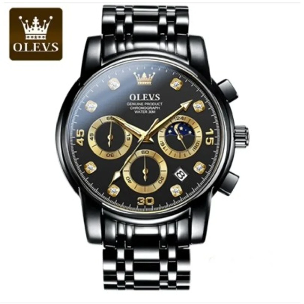 OLEVS MODEL 2889 Watch for Men Stainless Steel Watches - 2889 FULL BLACK COLOUR WATCH MAN + এক পিস ব্যাটারি ফ্রি।