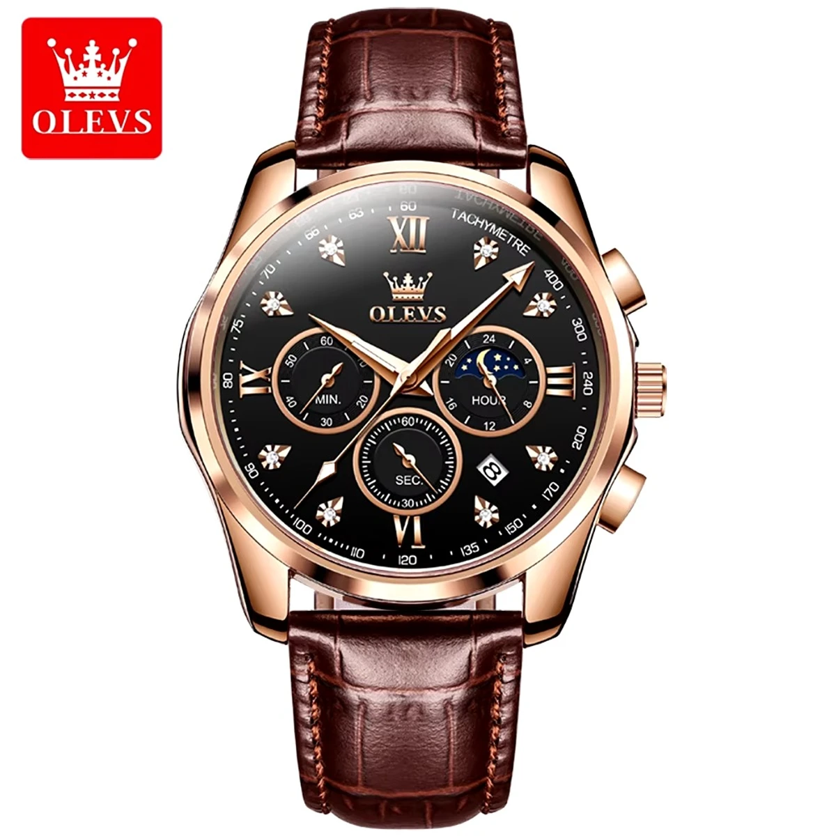 OLEVS WATCH MODEL 2888 BELT BROWN DIAL BLACK FOR MEN FASHION WATCH + এক পিস ব্যাটারি ফ্রি।