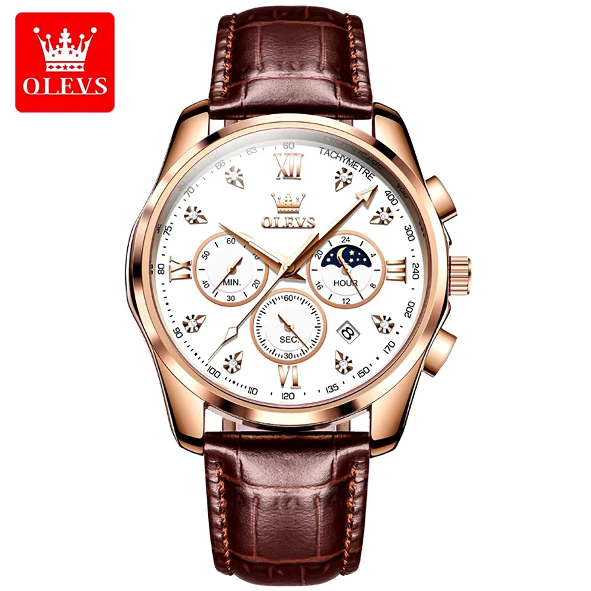 OLEVS WATCH MODEL 2888  BELT BROWN DIAL WHITE  WATCH FOR MEN + এক পিস ব্যাটারি ফ্রি