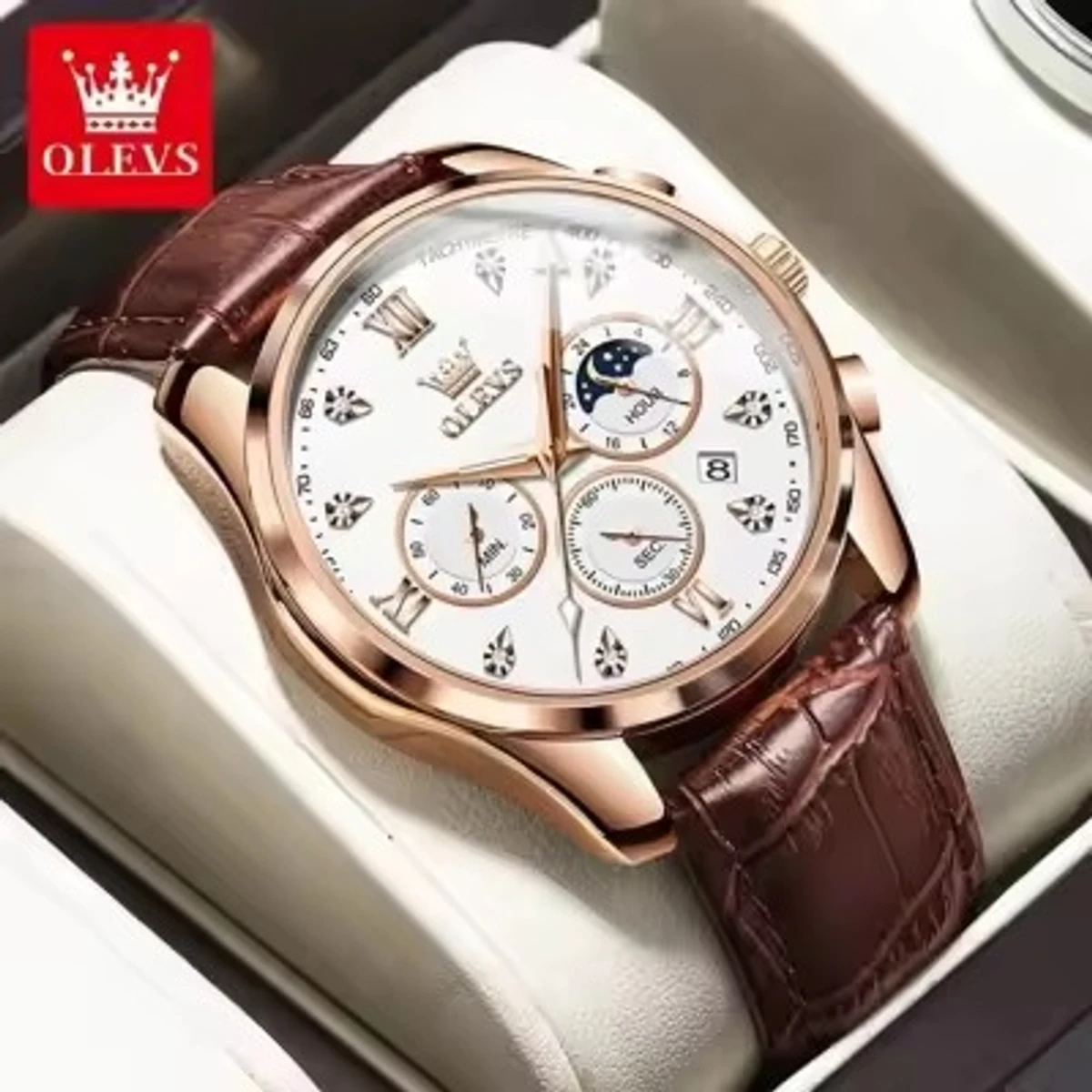 OLEVS WATCH MODEL 2888  BELT BROWN DIAL WHITE  WATCH FOR MEN + এক পিস ব্যাটারি ফ্রি