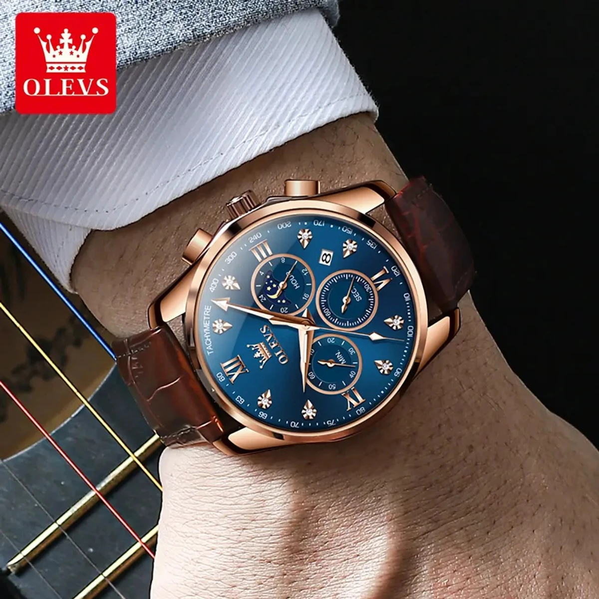 OLEVS WATCH MODEL 2888 BELT BROWN DIAL BLUE  WATCH FOR MEN  + এক পিস ব্যাটারি ফ্রি।