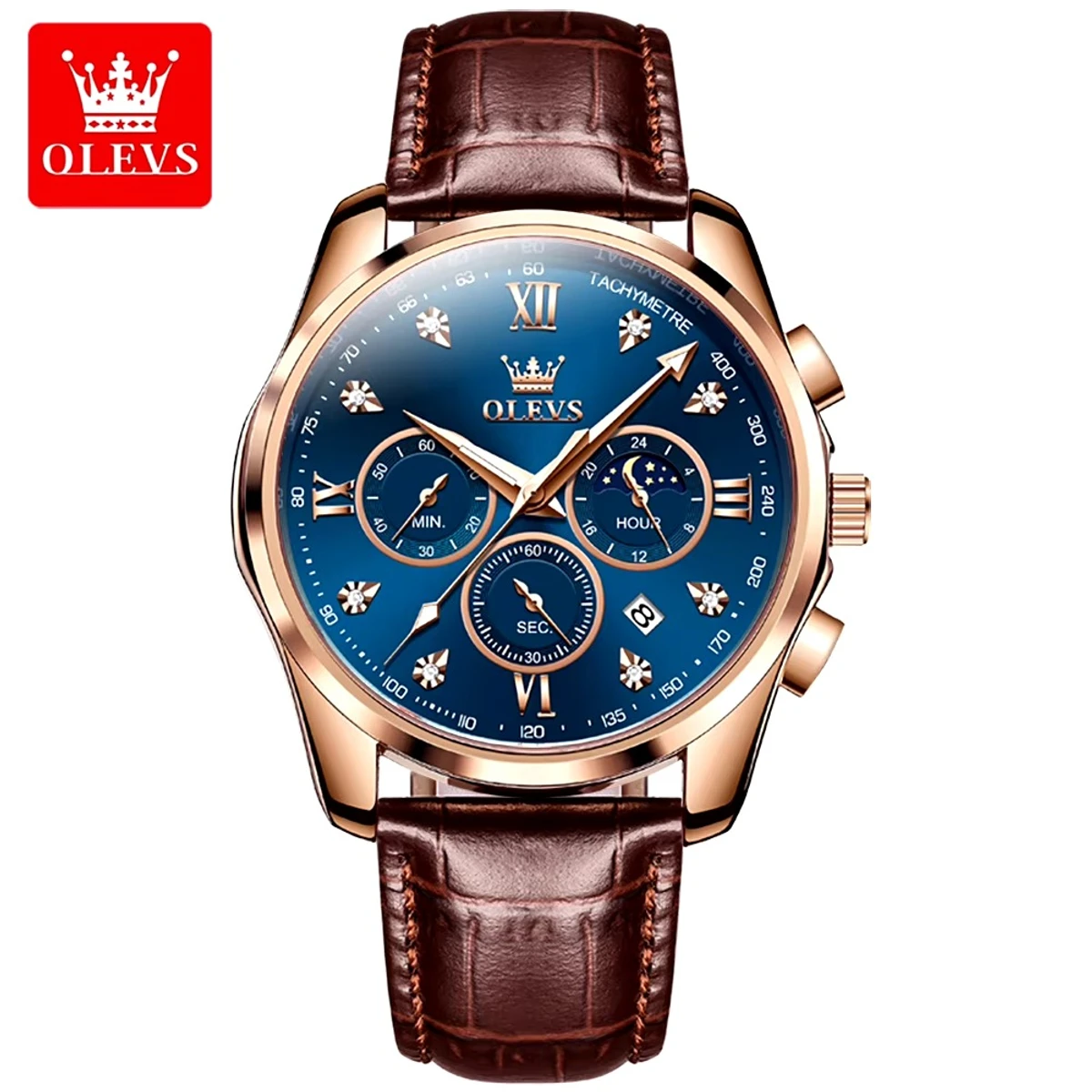 OLEVS WATCH MODEL 2888 BELT BROWN DIAL BLUE  WATCH FOR MEN  + এক পিস ব্যাটারি ফ্রি।