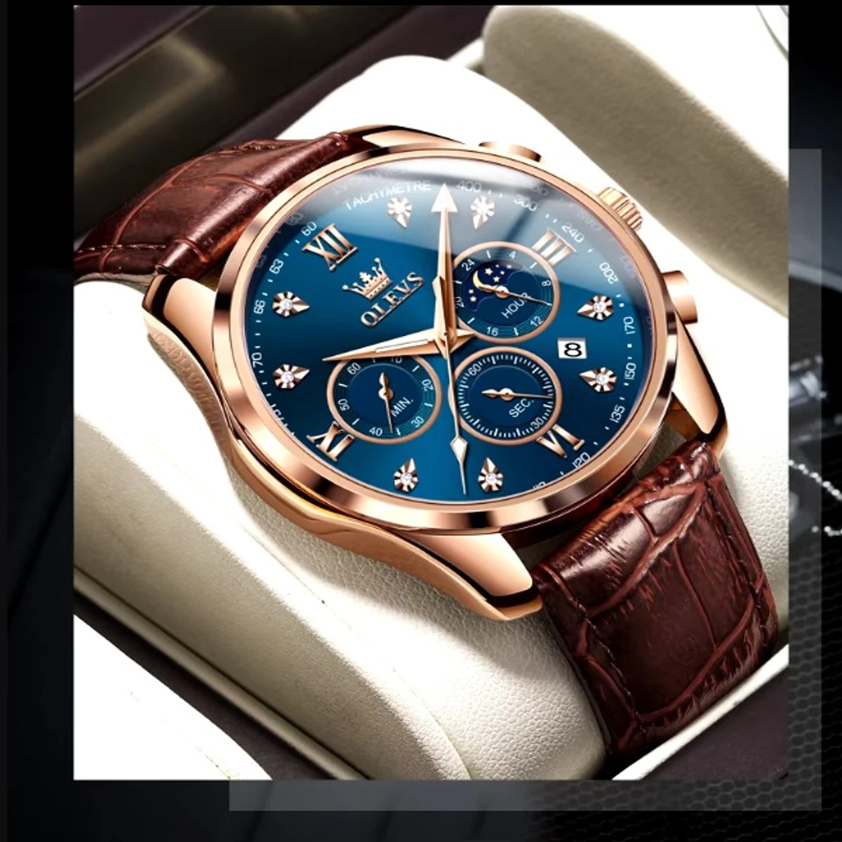 OLEVS WATCH MODEL 2888 BELT BROWN DIAL BLUE  WATCH FOR MEN  + এক পিস ব্যাটারি ফ্রি।