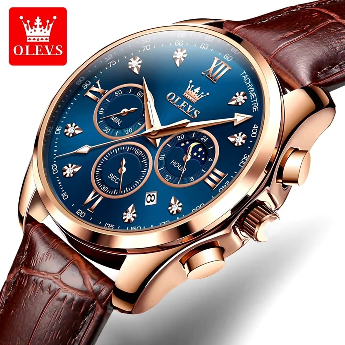 OLEVS WATCH MODEL 2888 BELT BROWN DIAL BLUE WATCH FOR MEN + এক পিস ব্যাটারি ফ্রি।