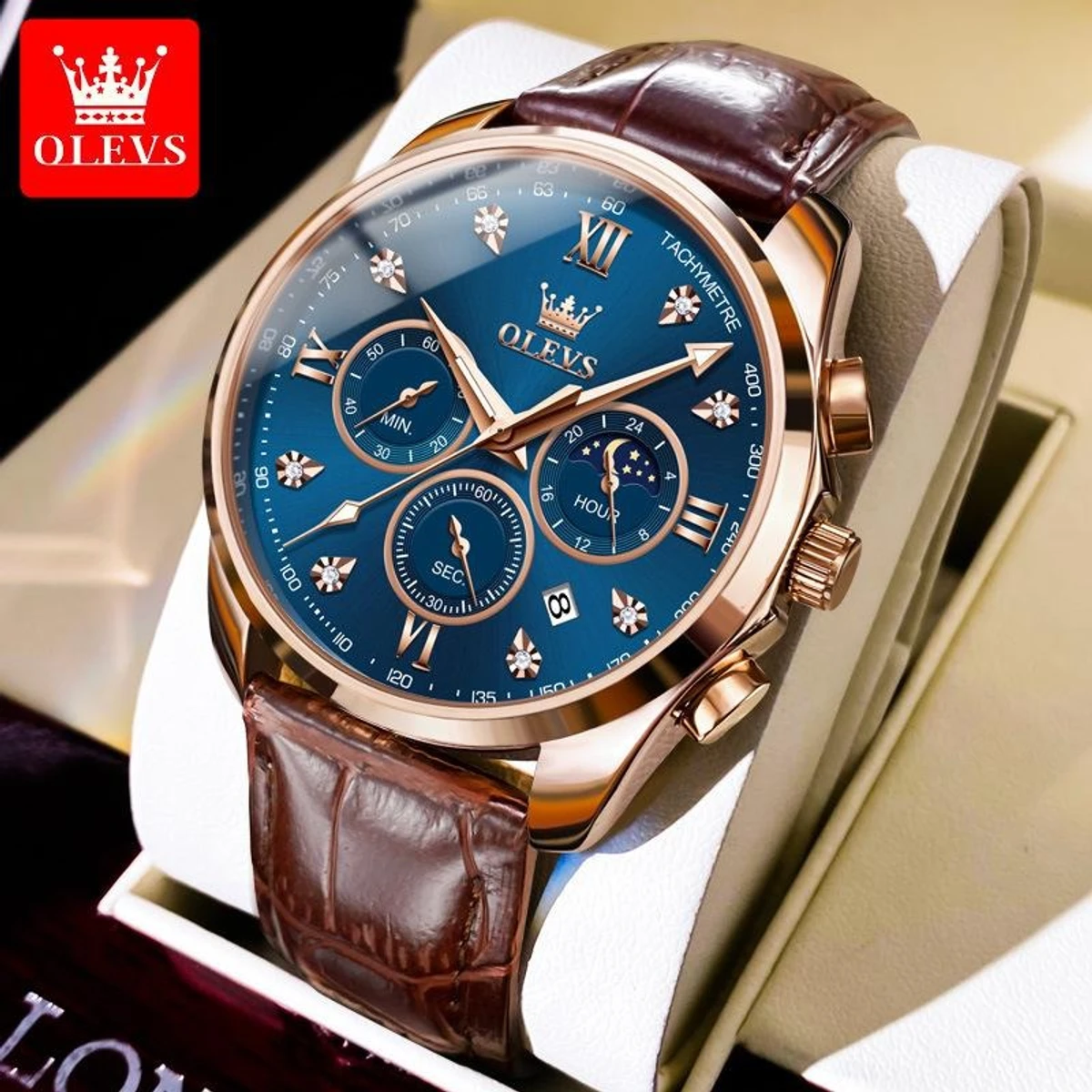 OLEVS WATCH MODEL 2888 BELT BROWN DIAL BLUE WATCH FOR MEN + এক পিস ব্যাটারি ফ্রি।