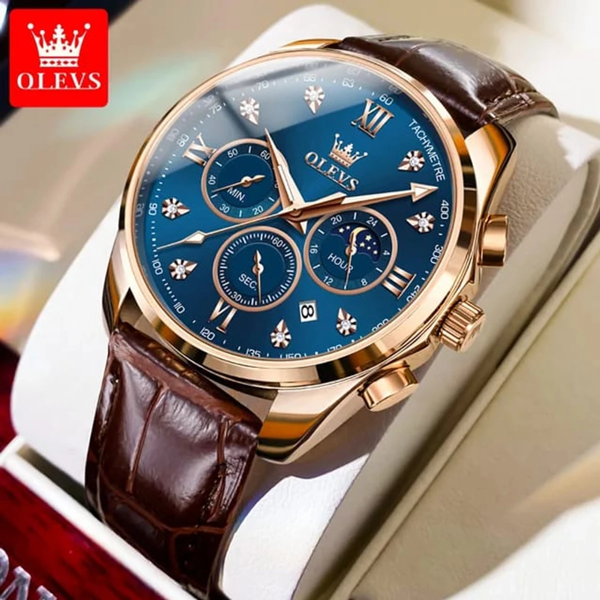 OLEVS WATCH MODEL 2888 BELT BROWN DIAL BLUE WATCH FOR MEN + এক পিস ব্যাটারি ফ্রি।