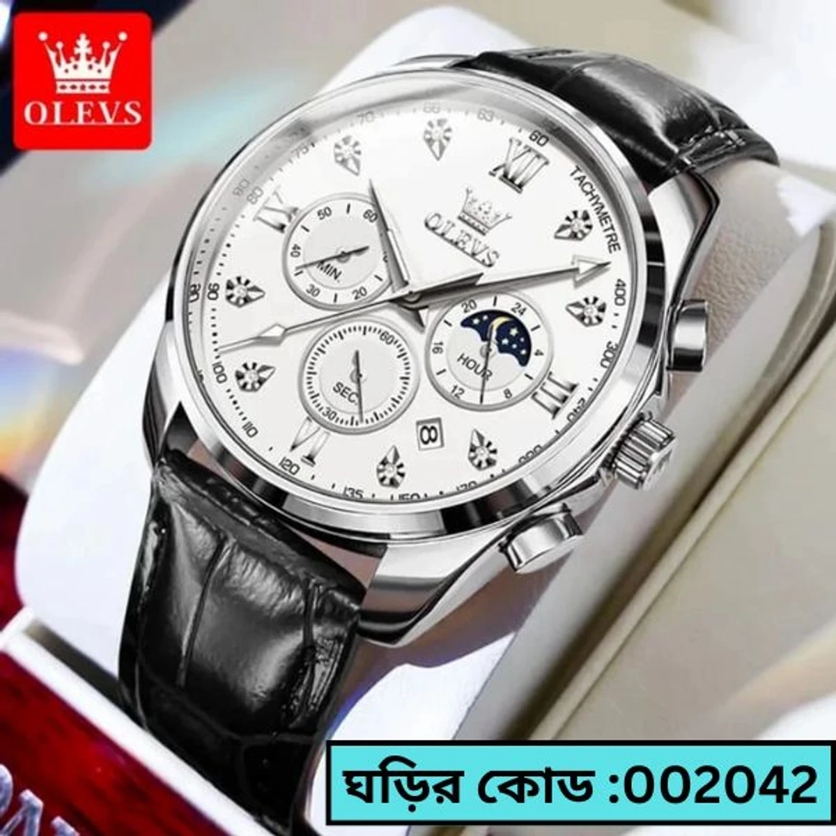 OLEVS WATCH MODEL 2888 BELT BLACK DIAL WHITE WATCH FOR MEN + এক পিস ব্যাটারি ফ্রি।