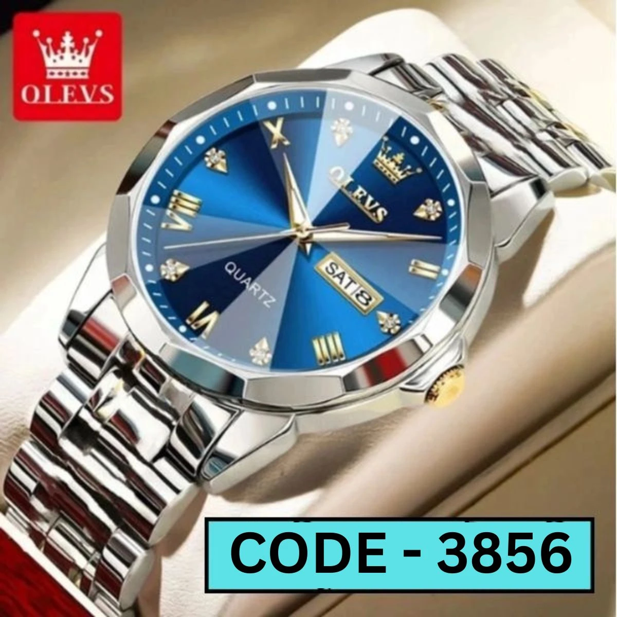 OLEVS WATCH MEN MODEL 9931 SILVER  CHAIN DIAL BLUE COLOUR  Watch for Men  - LOCK PUSH + এক পিস ব্যাটারি ফ্রি।