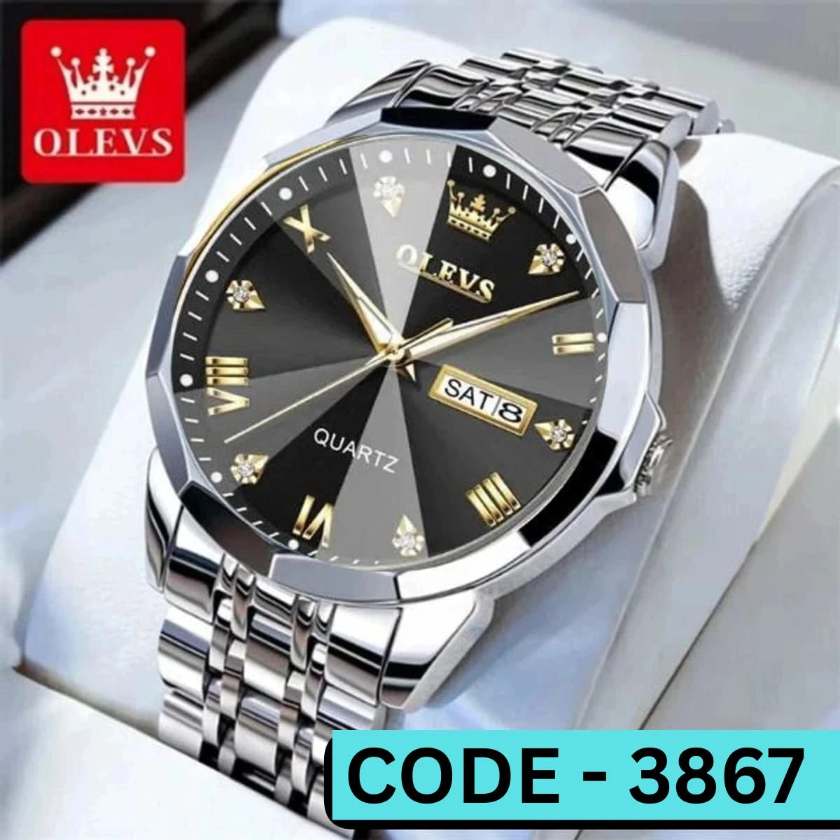 OLEVS WATCH MEN MODEL 9931 SILVER CHAIN DIAL BLACK COLOUR Watch for Men Stainless Steel Watches - LOCK PUSH + এক পিস ব্যাটারি ফ্রি। CODE - 3867