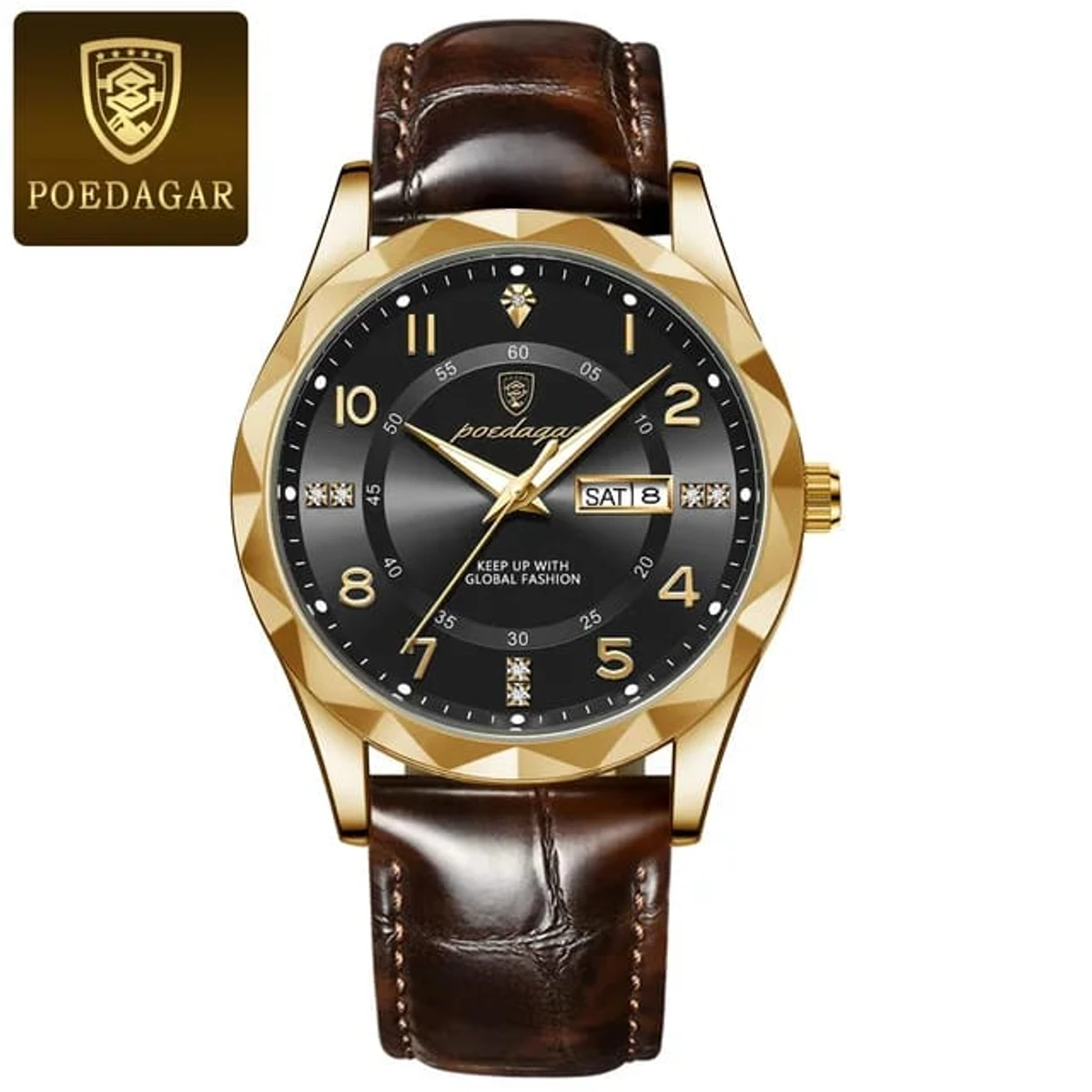 POEDAGAR MODEL  858 WATCH BELT BROWN ROUND GOLDEN DIAL BLACK COLOUR WATCH + এক পিস ব্যাটারি ফ্রি।