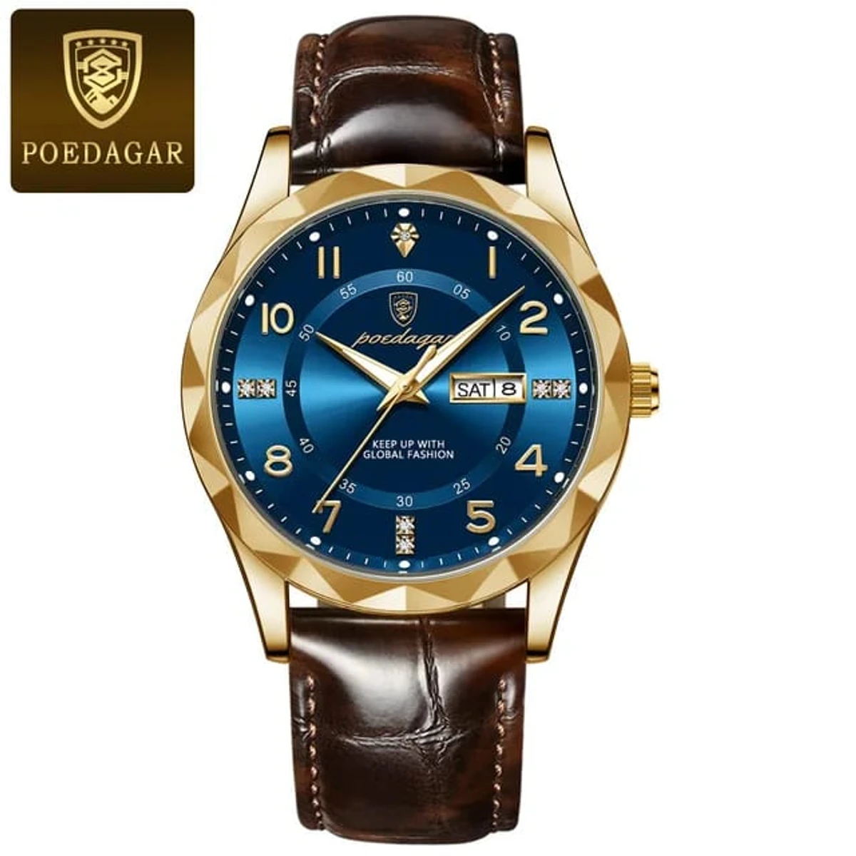 POEDAGAR 858 MODEL   WATCH BELT BROWN ROUND GOLDEN DIAL BLUE COLOUR WATCH + এক পিস ব্যাটারি ফ্রি।