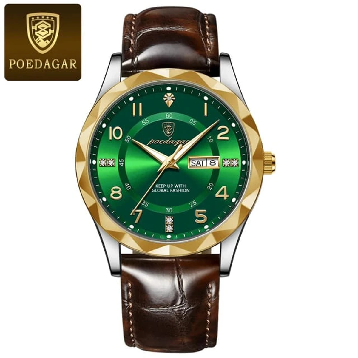 POEDAGAR 858 MODEL WATCH BELT BROWN ROUND GOLDEN DIAL GREEN COLOUR WATCH + এক পিস ব্যাটারি ফ্রি।