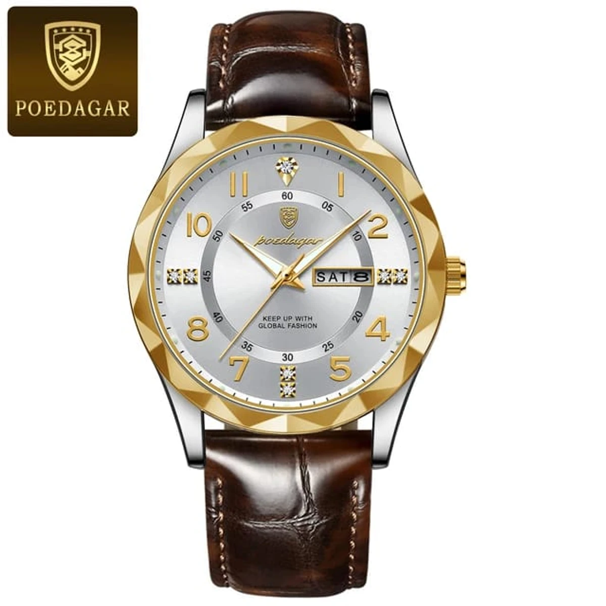 POEDAGAR 858 MODEL  WATCH BELT BROWN ROUND GOLDEN DIAL WHITE FOR MAN + এক পিস ব্যাটারি ফ্রি।