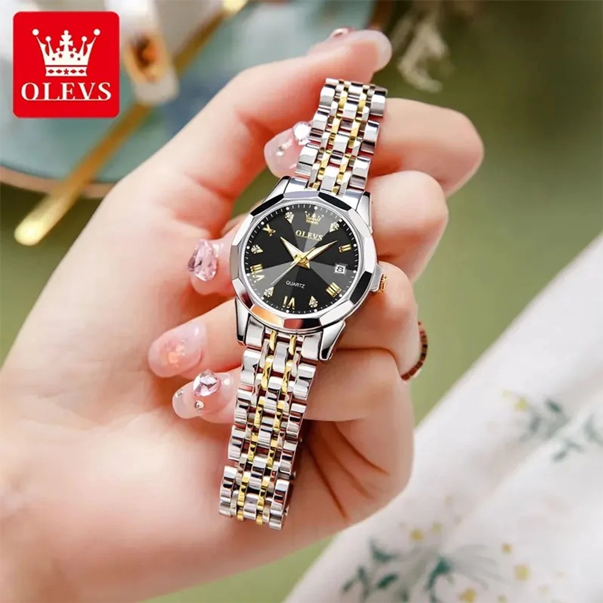 OLEVS MODEL 9931 TOTON AR DIAL BLACK COLOUR  WOMEN WATCH - PUSH LOCK + এক পিস ব্যাটারি ফ্রি।