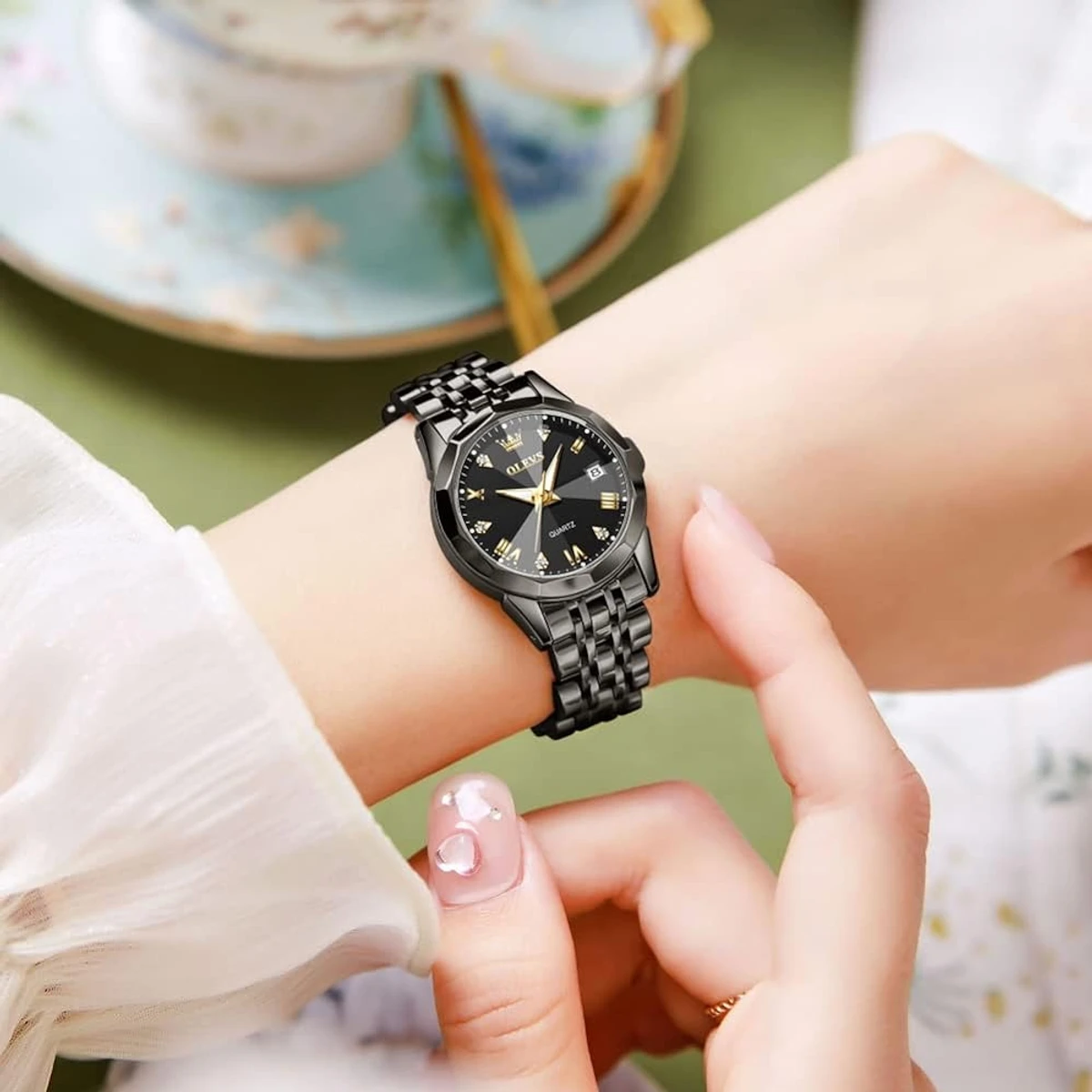 OLEVS MODEL 9931 FULL BLACK COLOUR  WOMEN WATCH - PUSH LOCK + এক পিস ব্যাটারি ফ্রি।