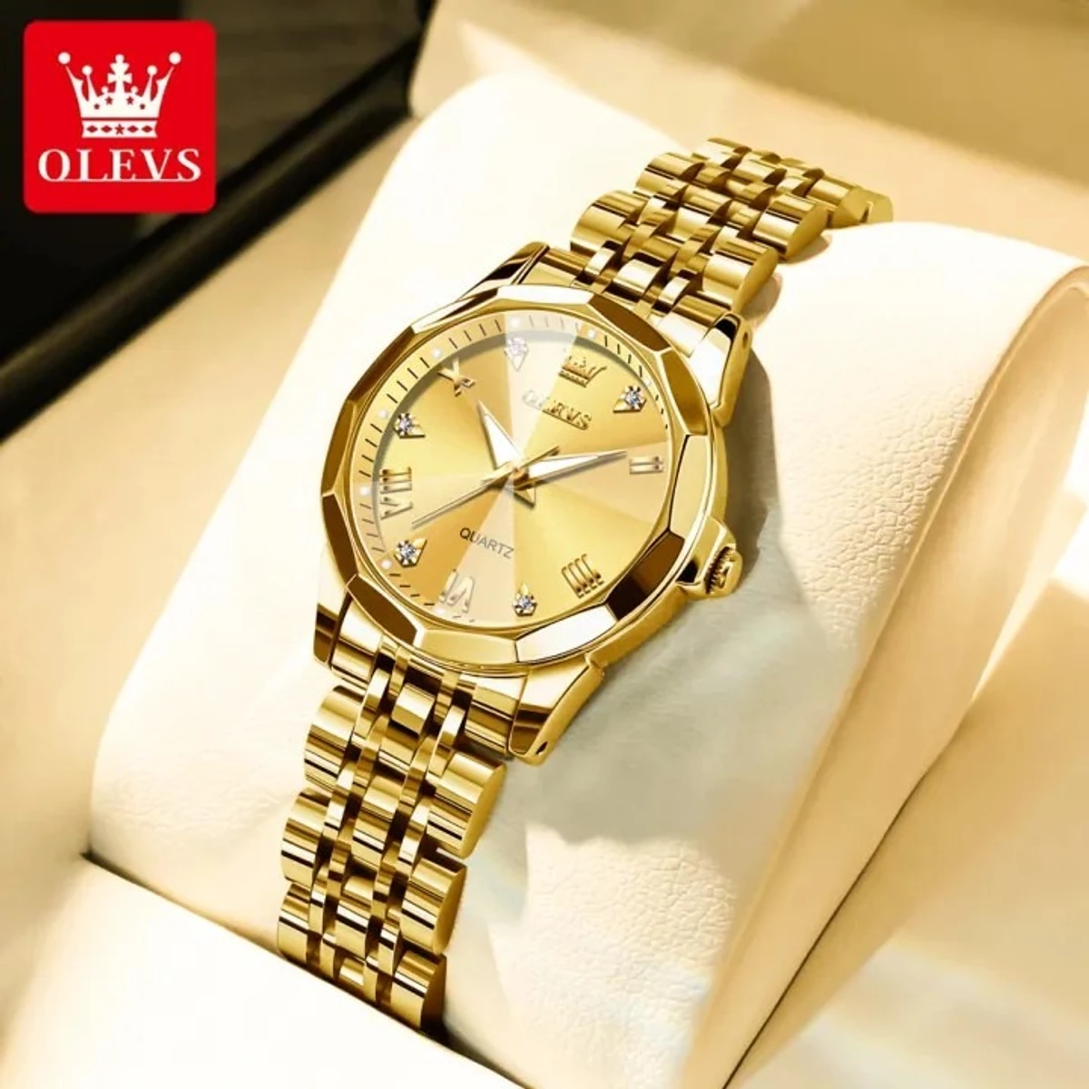 OLEVS MODEL 9931 FULL GOLDEN WOMEN WATCH PUSH LOCK + এক পিস ব্যাটারি ফ্রি।