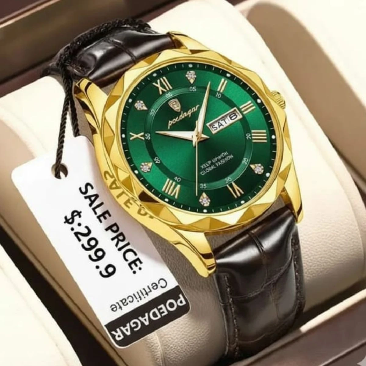 POEDAGAR 615 WATCH BELT BROWN ROUND GOLDEN DIAL GREEN COLOUR WATCH + এক পিস ব্যাটারি ফ্রি।