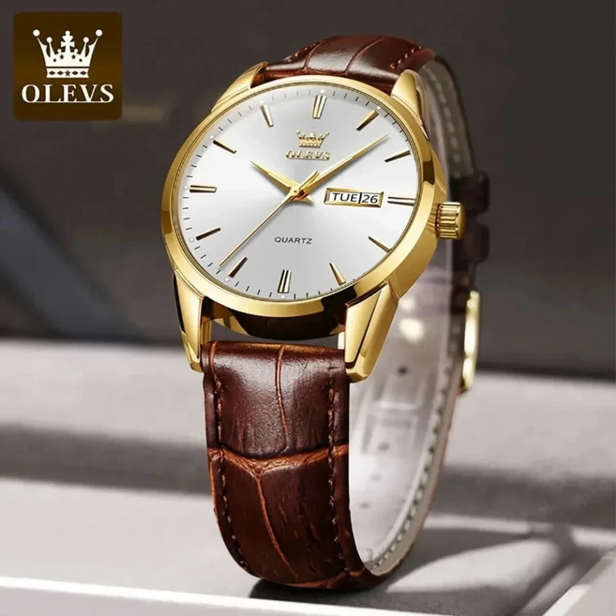 OLEVS WATCH MODEL 6898  BELT BROWN DIAL WHITE COLOUR WATCH FOR MEN + এক পিস ব্যাটারি ফ্রি।