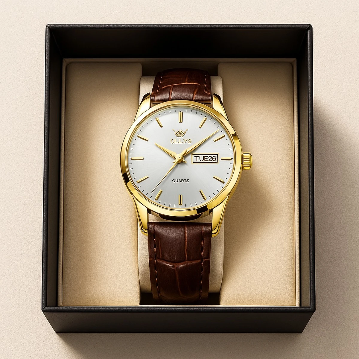 OLEVS WATCH MODEL 6898  BELT BROWN DIAL WHITE COLOUR WATCH FOR MEN + এক পিস ব্যাটারি ফ্রি।
