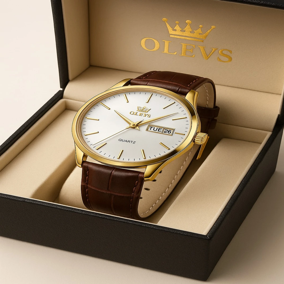 OLEVS WATCH MODEL 6898  BELT BROWN DIAL WHITE COLOUR WATCH FOR MEN + এক পিস ব্যাটারি ফ্রি।