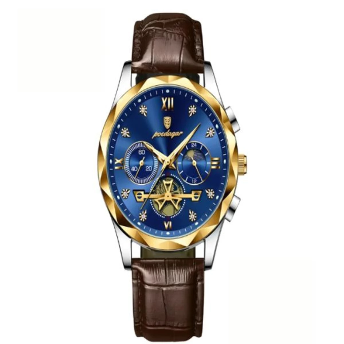 POEDAGAR 936  MODEL WATCH BELT BROWN ROUND GOLDEN DIAL BLUE COLOUR WATCH + এক পিস ব্যাটারি ফ্রি।