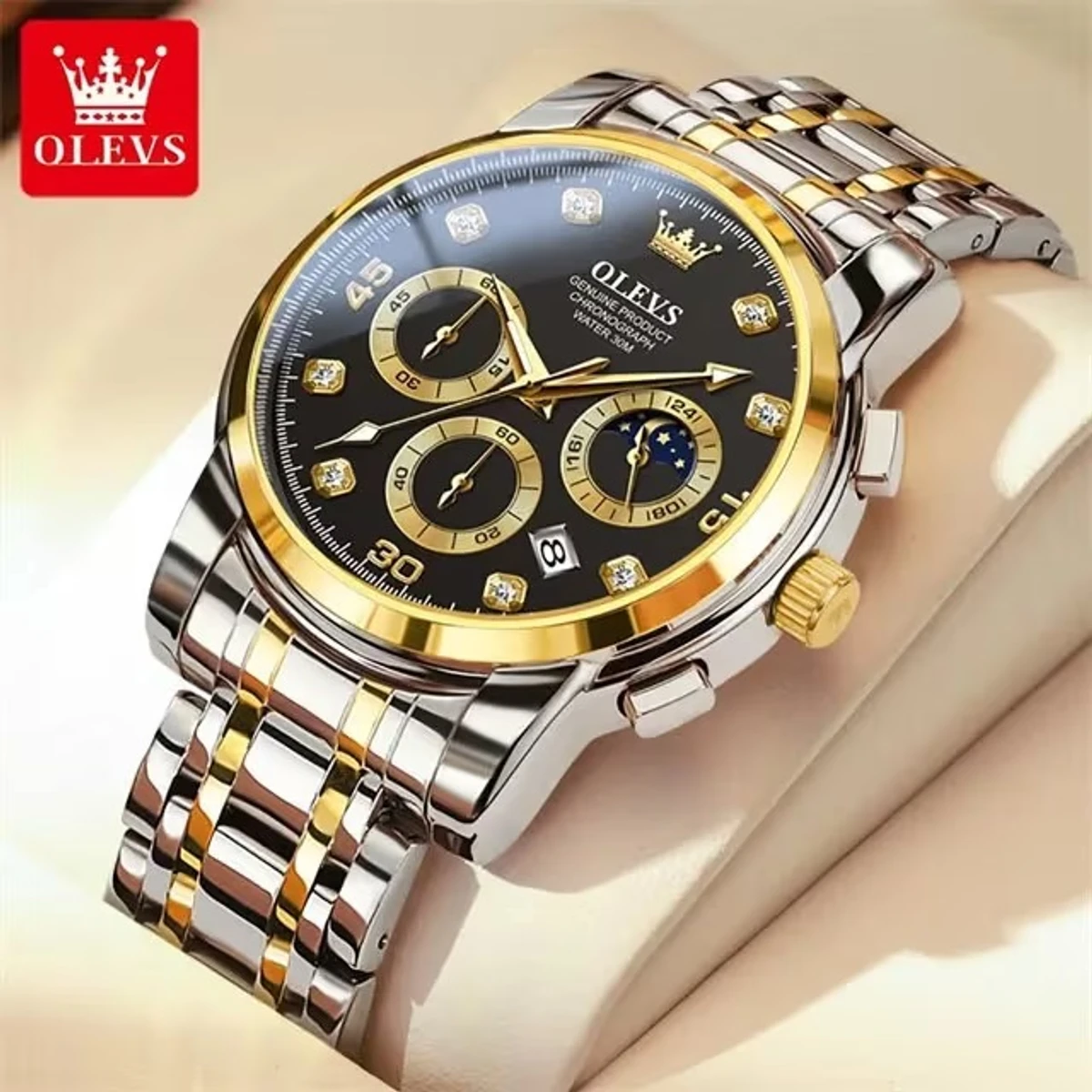 OLEVS MODEL 2889 Watch for Men Stainless Steel Watches - 2889 TOTON AR DIAL BLACK ROUND GOLDEN - MAN WATCH + এক পিস ব্যাটারি ফ্রি।