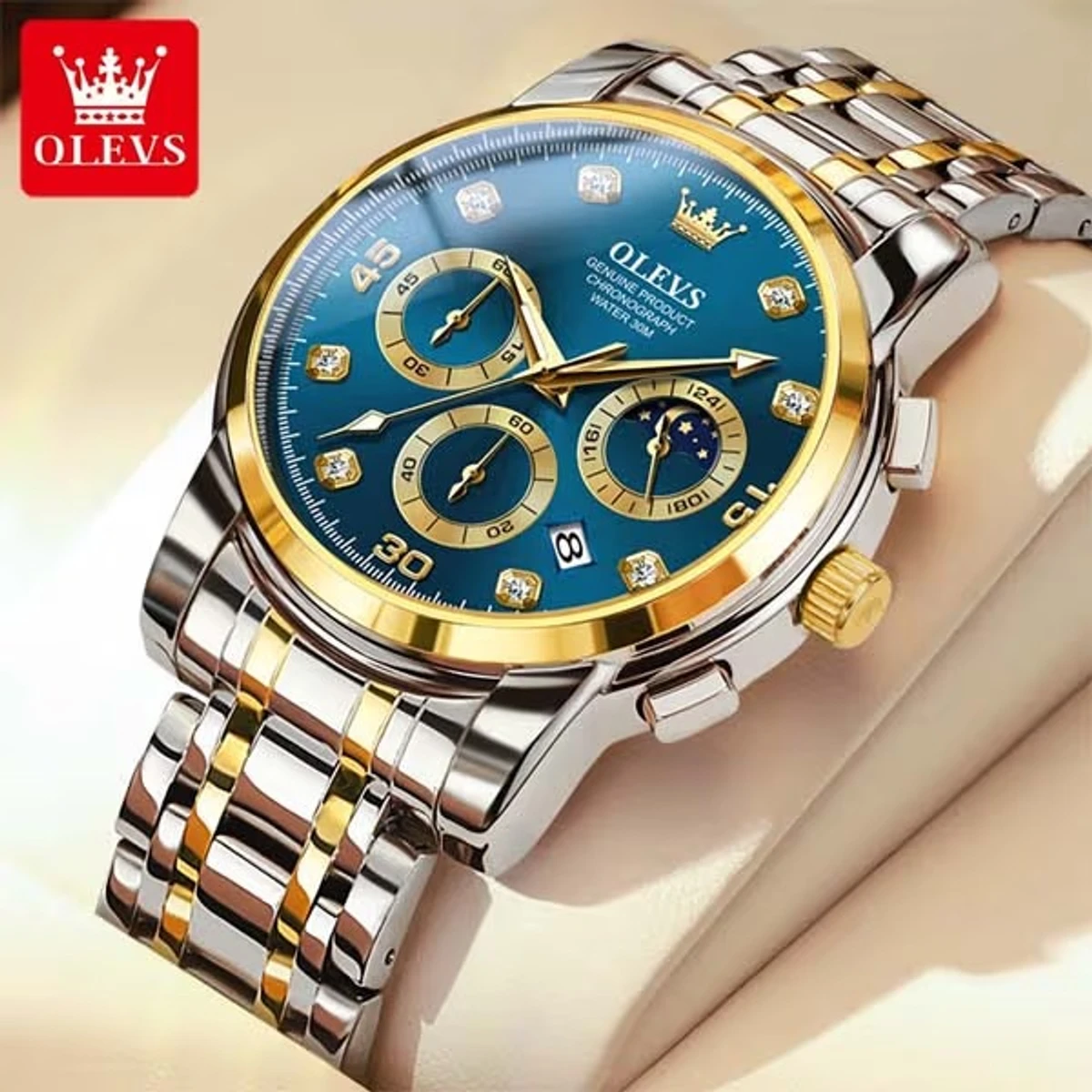 OLEVS MODEL 2889 Watch for Men Stainless Steel Watches - 2889 TOTON AR DIAL BLUE ROUND GOLDEN - MAN WATCH + এক পিস ব্যাটারি ফ্রি।