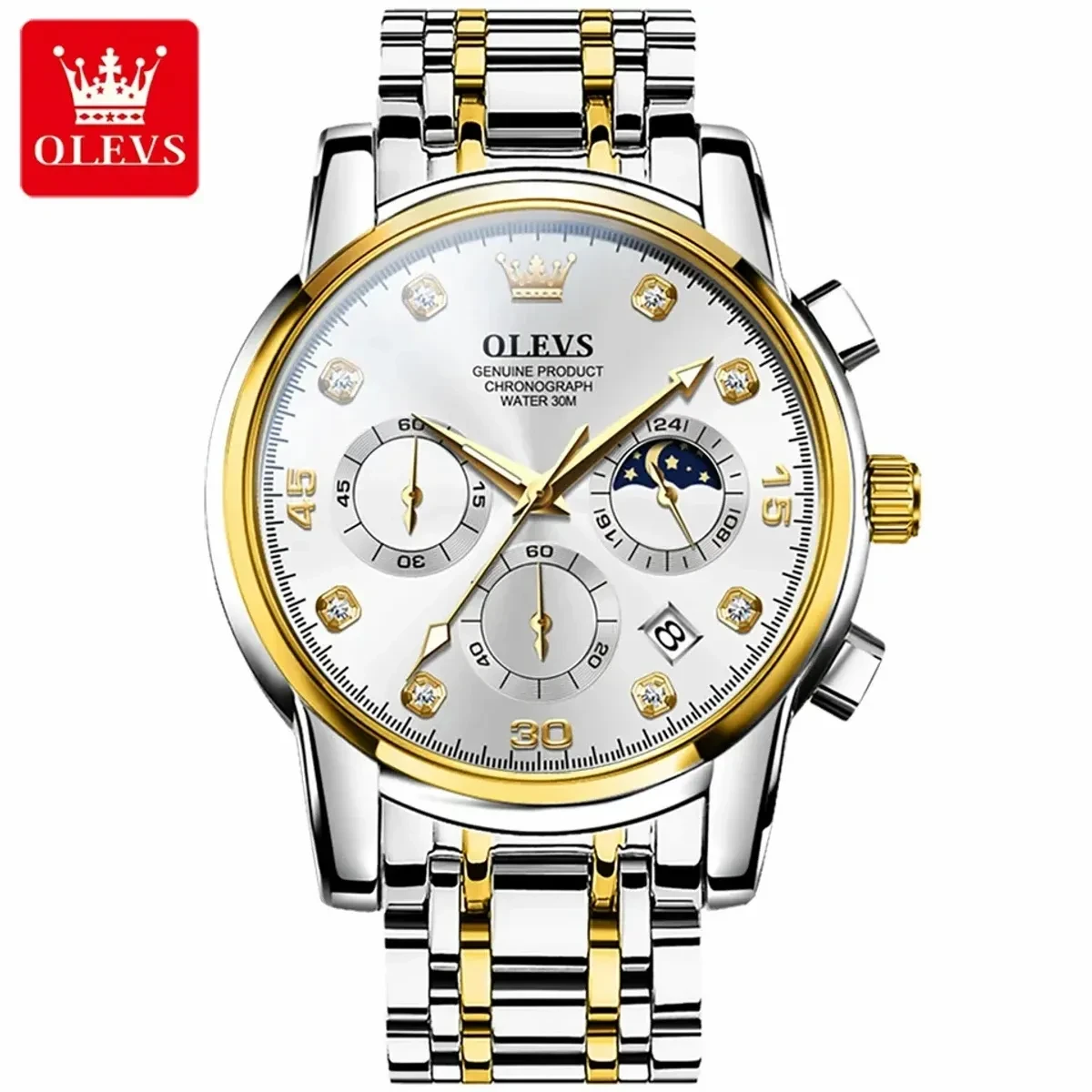 OLEVS MODEL 2889 Watch for Men Stainless Steel Watches - 2889 TOTON AR DIAL WHITE ROUND GOLDEN - MAN WATCH + এক পিস ব্যাটারি ফ্রি।
