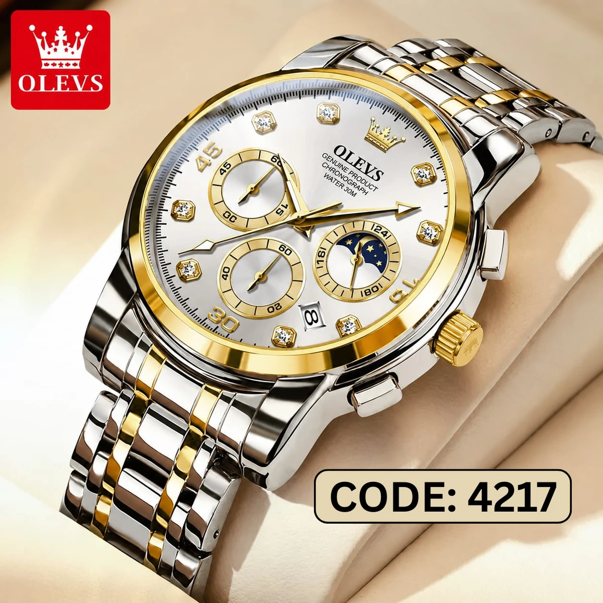 OLEVS MODEL 2889 Watch for Men Stainless Steel Watches - 2889 TOTON AR DIAL WHITE ROUND GOLDEN - MAN WATCH + এক পিস ব্যাটারি ফ্রি।