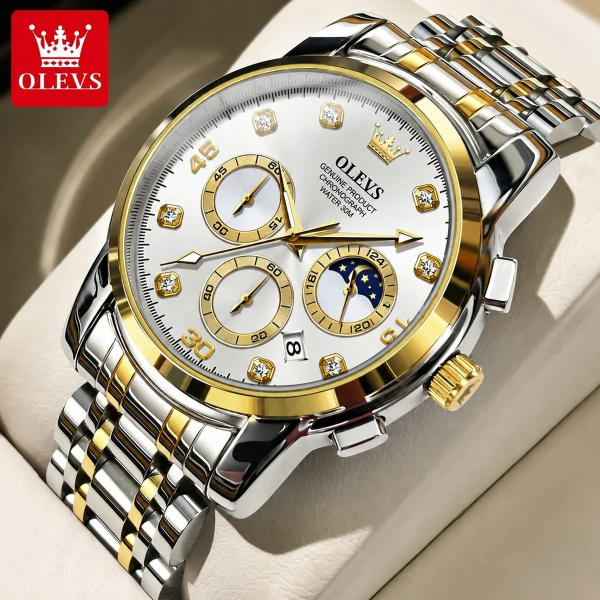 OLEVS MODEL 2889 Watch for Men Stainless Steel Watches - 2889 TOTON AR DIAL WHITE ROUND GOLDEN - MAN WATCH + এক পিস ব্যাটারি ফ্রি।