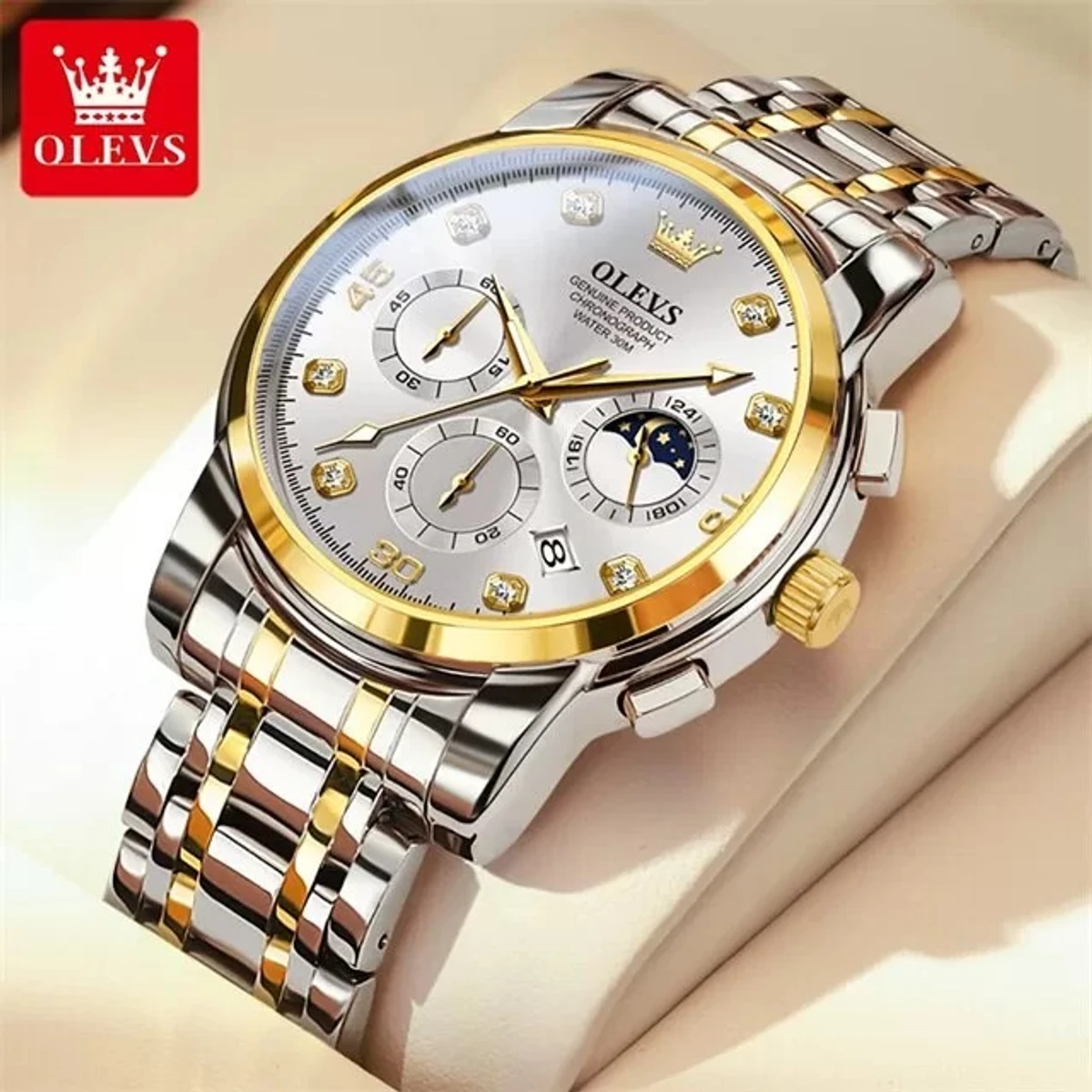 OLEVS MODEL 2889 Watch for Men Stainless Steel Watches - 2889 TOTON AR DIAL WHITE ROUND GOLDEN - MAN WATCH + এক পিস ব্যাটারি ফ্রি।