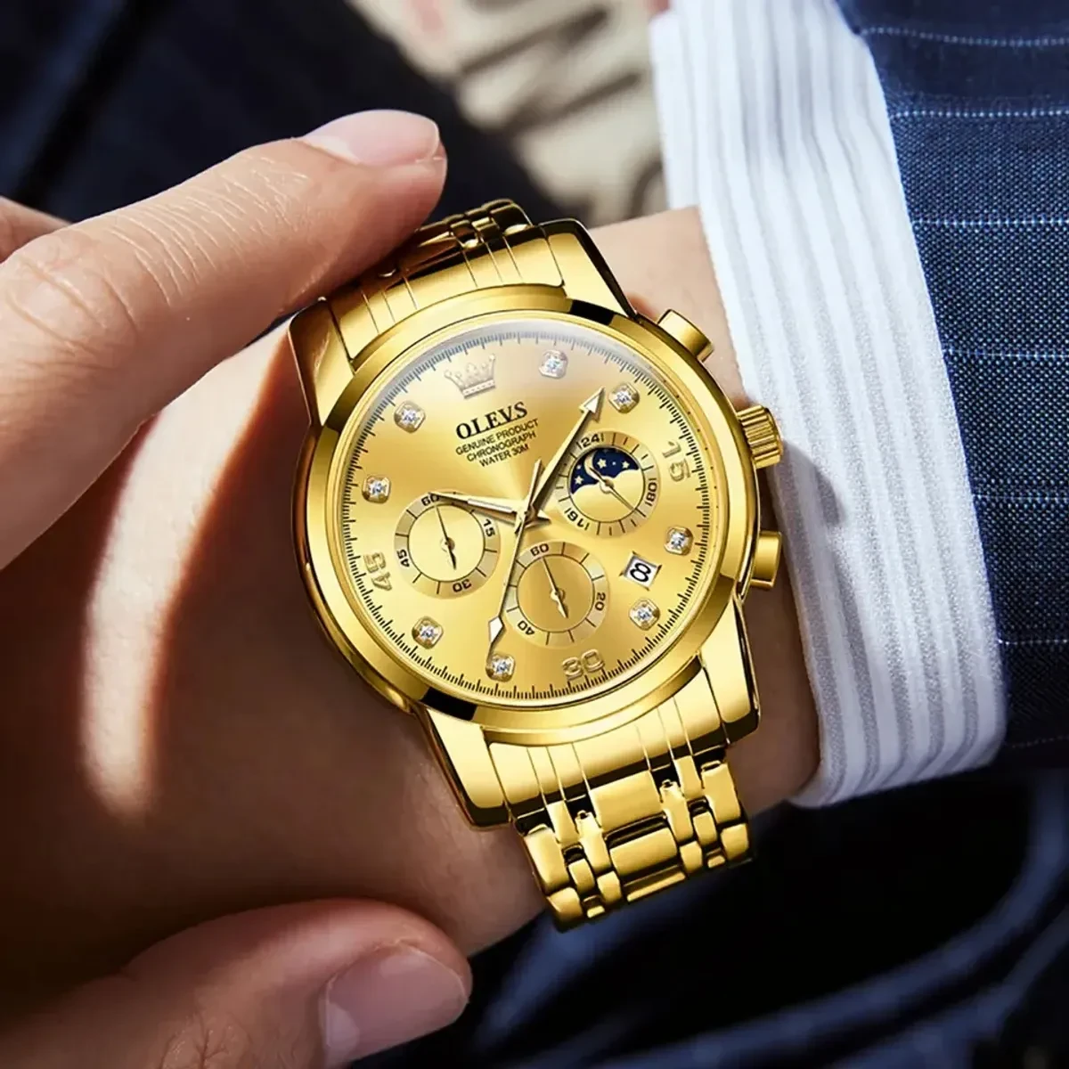 OLEVS MODEL 2889 Watch for Men Stainless Steel Watches - 2889 FULL GOLDEN COLOUR WATCH  MAN  + এক পিস ব্যাটারি ফ্রি।