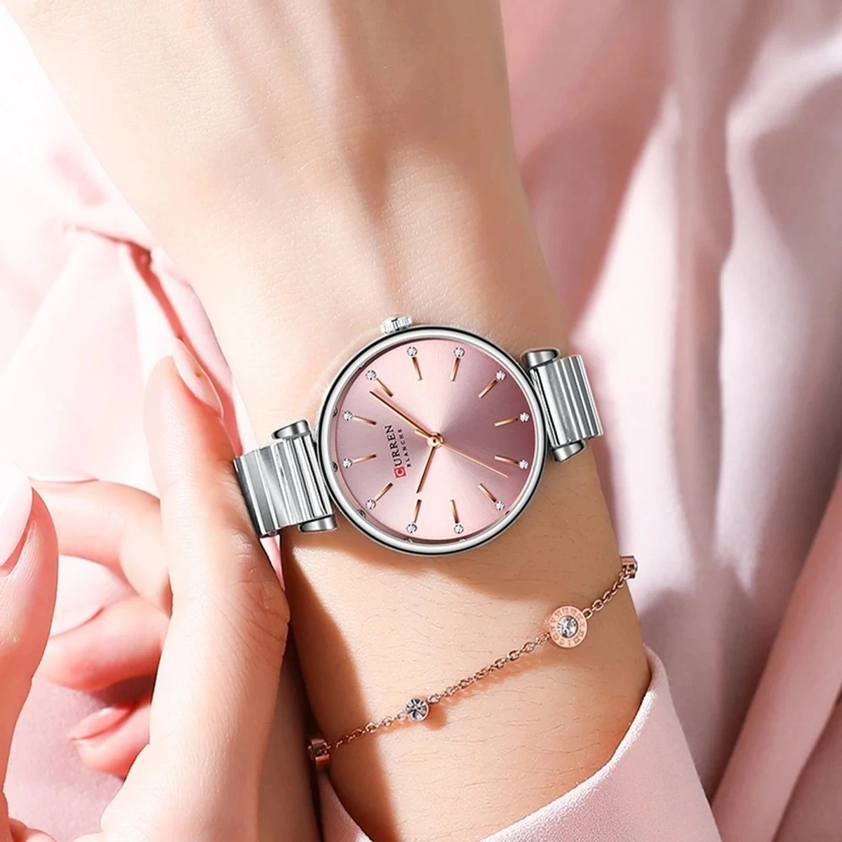 Curren Women Watch  Model 9081 Silver Chain Dial Pink Colour  Watch For Ladis