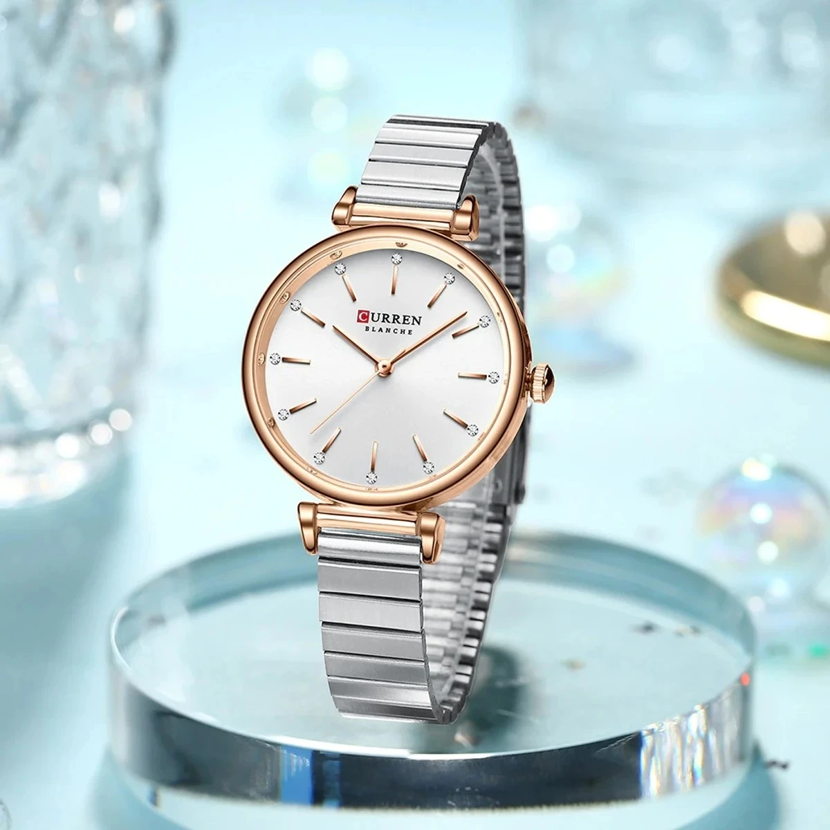 Curren Women Watch Model 9081 Silver Chain Round Rose Golden Dial White Colour Watch For Ladis
