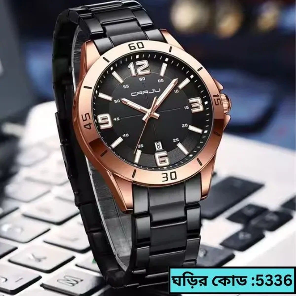 CRRJU MODEL 5003  Watch Chain Black Round Rose Golden Dial Black Colour Man Watch date shoho + এক পিস ব্যাটারি ফ্রি।
